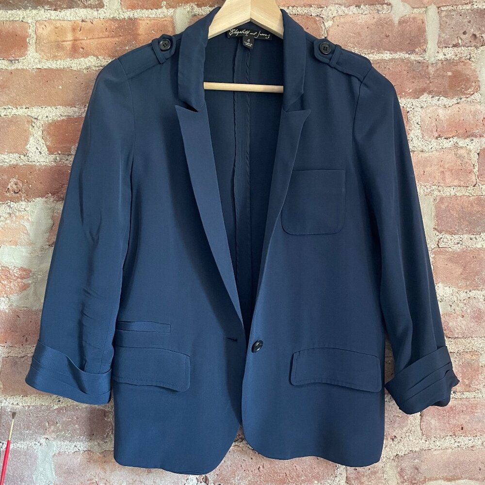 Elizabeth and James Blue Silk 3/4 Sleeve Blazer